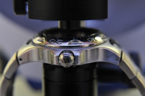 Testing a Tag Heuer watch case. A Tag Heuer watch case placed in the dry waterproof test machine