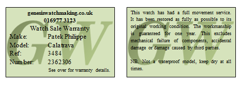 Patek Philippe Calatrava 3484 warranty